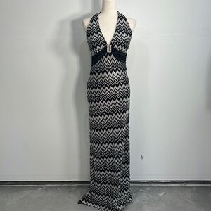 Vintage 90’s Dress Y2K Halter Plunge Neck Prom Cocktail Party Zigzag Print Sexy